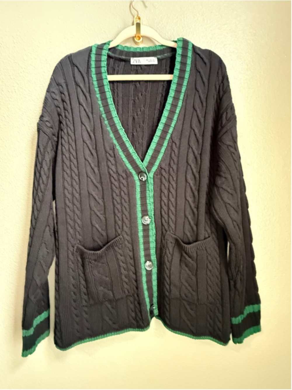 Women's ZARA Navy Green Cable Knit Cardigan L swiftie reputation sweater